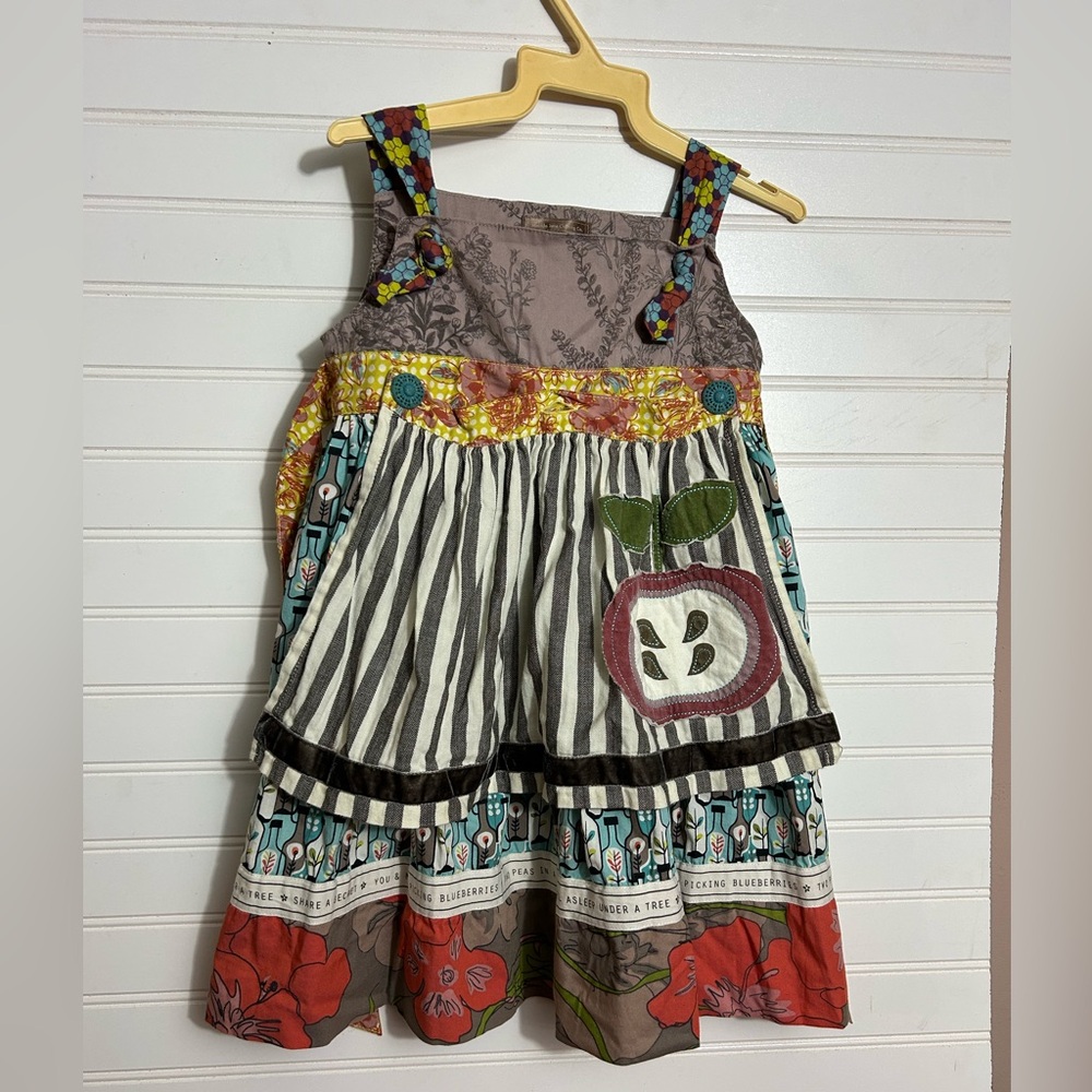 Matilda Jane Apple Percy Apron Knot Dress Girls Size 4 MISSING ONE TEAL BUTTON